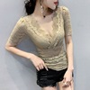 sexy Hollow V-neck Lace shirt Short sleeved Summer wear new pattern fashion Show thin Tight fitting jacket Western style Jacobs Blouse