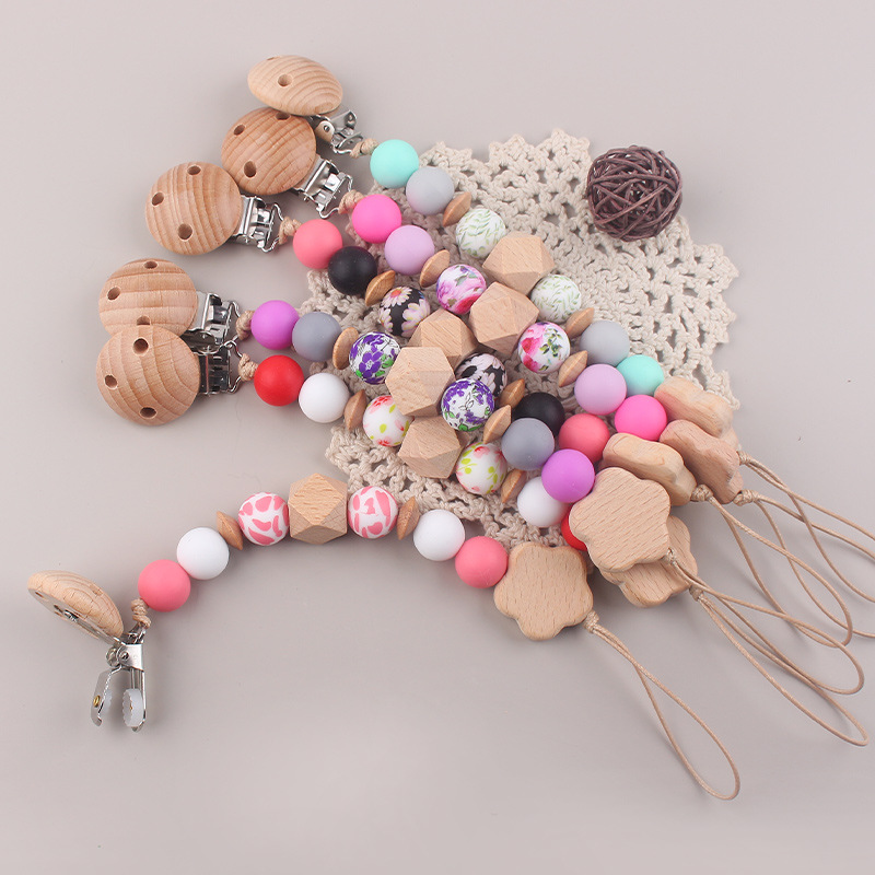 Nueva cadena de chupete de flor de haya de cuentas de silicona de transferencia de agua para bebés cadena de chupete de silicona de haya calmante cadena anti-caída