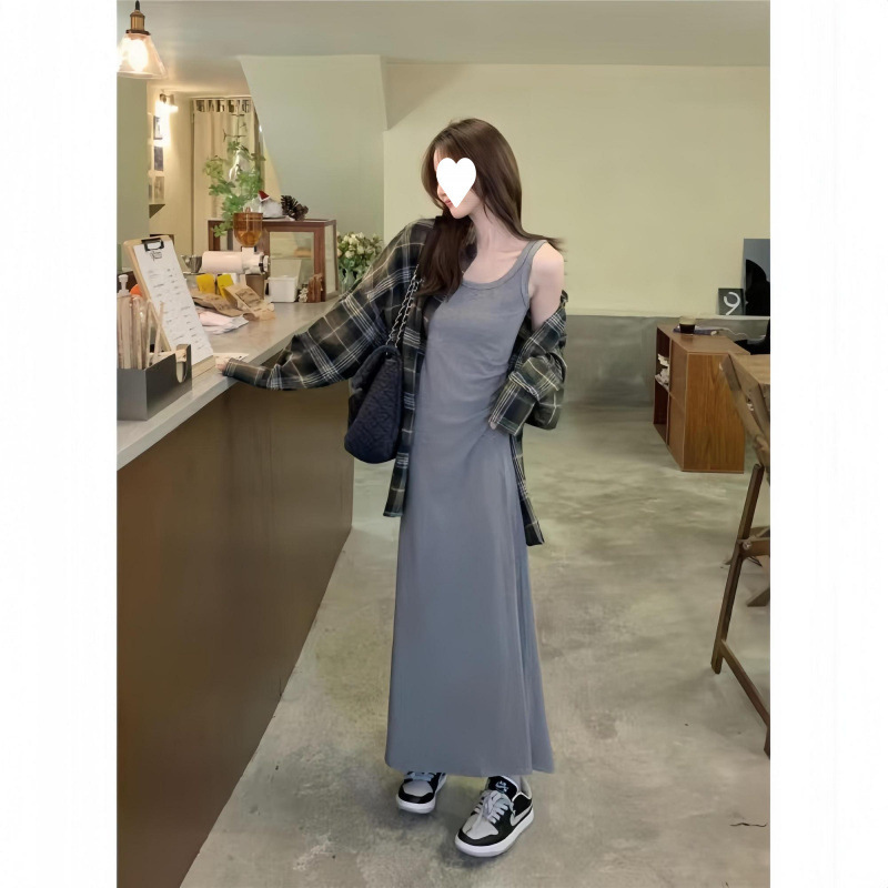 Summer New Style Gray Petite Retro Suspender Slim Dress Waist Hot Girl Temperament Vest over the Knee Long Skirt Summer New Style Gray Petite Retro Suspender Slim Dress Waist Hot Girl Temperament Vest over the Knee Long Skirt