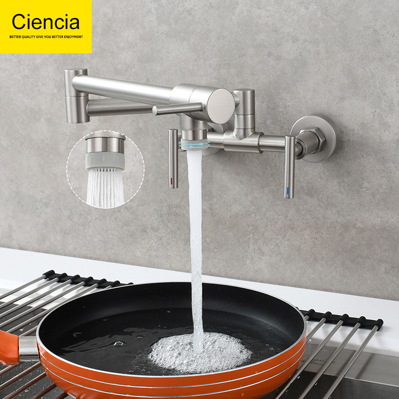 Cordelin Brass Folding Kitchen Faucet Wall Type Three Handle Switch Balcony Hot and Cold Faucet