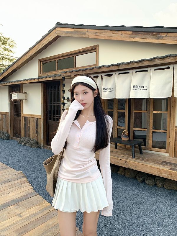 韩系辣妹风粉色半开领长袖t恤女装秋季小众修身内搭正肩打底上衣|undefined