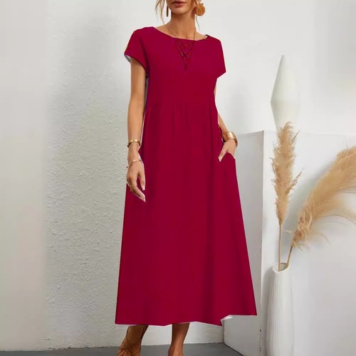 eBay Western-style solid color sleeveless loose cotton linen pocket dress