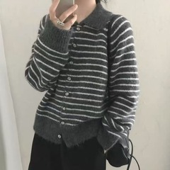 松弛感条纹翻领针织开衫女2025秋冬新款设计款慵懒宽松毛衣外套厚