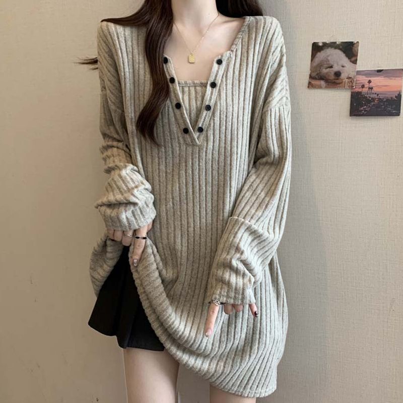 Long-Sleeved Base Layer T-Shirt for Women, Suitable for Spring, Autumn, and Winter, New Loose-Fitting, Slimming, Plus-Size, Mid-Length Top for Women
