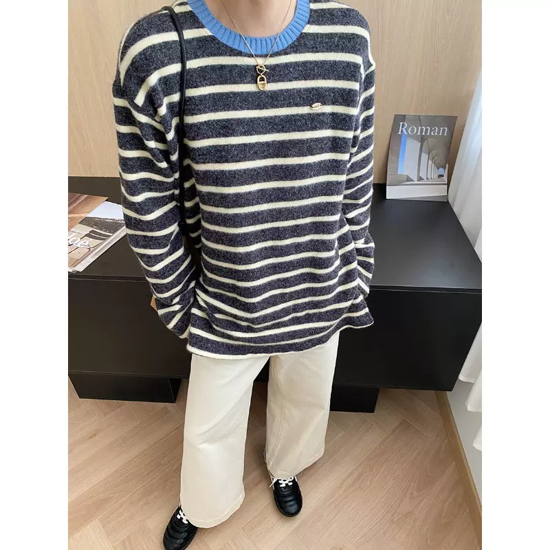 司南 慵懒氛围 软糯亲肤撞色条纹圆领宽松打底衫长袖T恤 SN8281