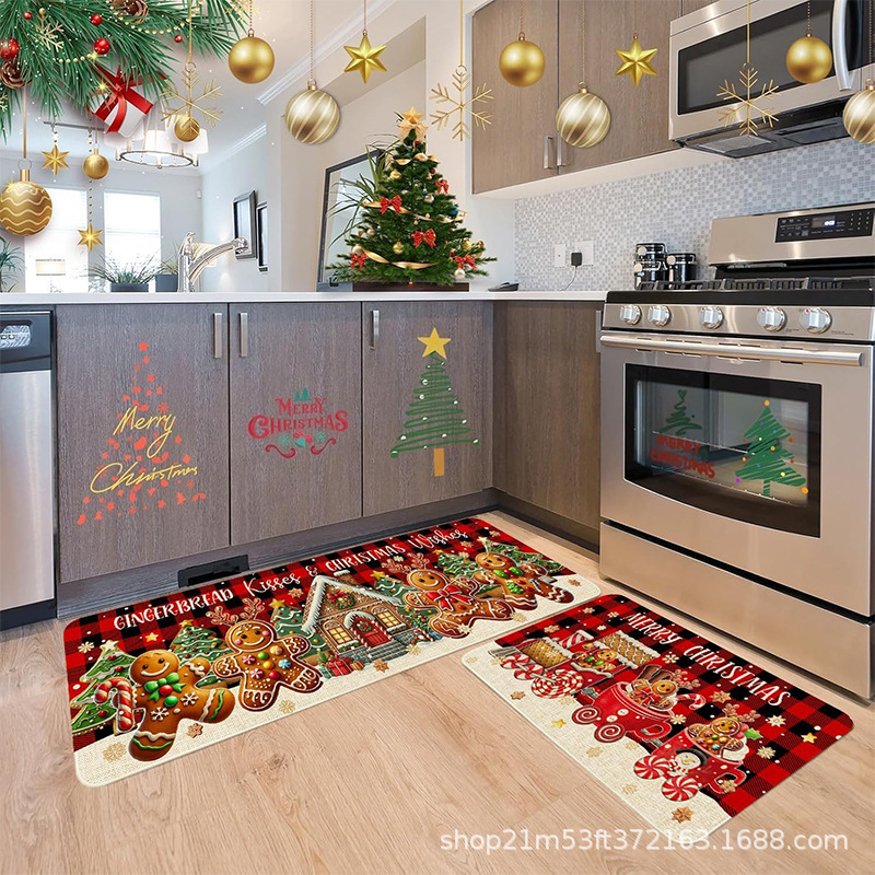 Cross-Border Temu Christmas Atmosphere Kitchen Absorbent Non-Slip Floor Mat Holiday Decoration Kitchen Two-Piece Mat Set