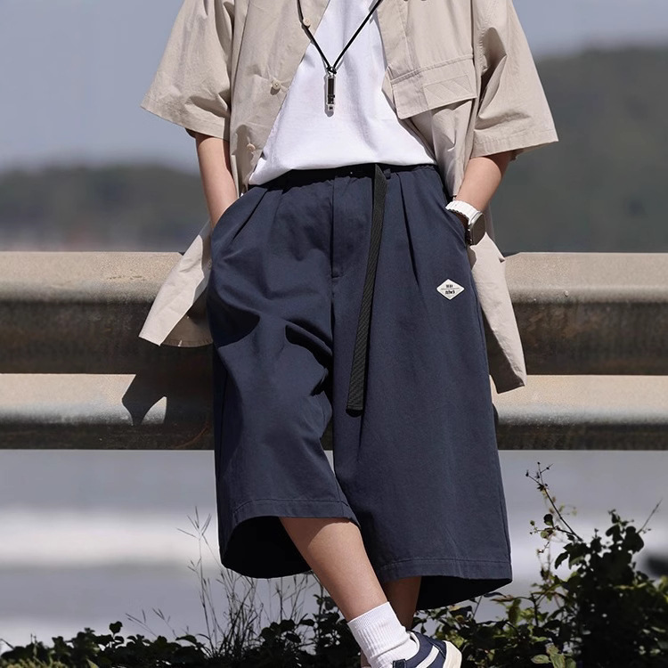 Japanese-Style Cropped Pants for Men, Loose Large Size Over-The-Knee Shorts, Summer American Ins Trendy Brand Casual 7-Point Wide-Leg Mid-Pants