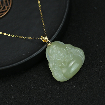 18K Nephrite  Sapphire Buddha Gong Pendant certificate AU750 Set natural Tatu Smiling mouth Maitreya Emerald