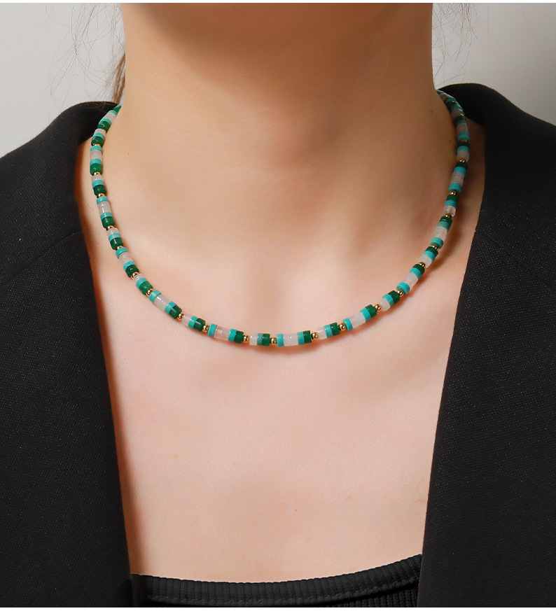 Linglang Natural Stone Beaded Necklace Boho Handmade Choker Chain Green and White Necklace Jewelry