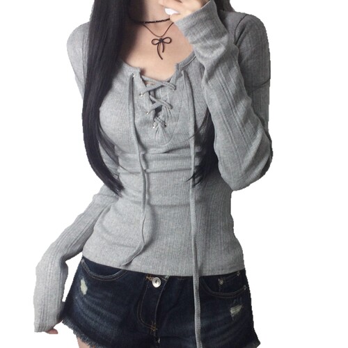 Korean pure desire style strap corns cord design long-sleeved T-shirt simple all-matching casual atmosphere basic top