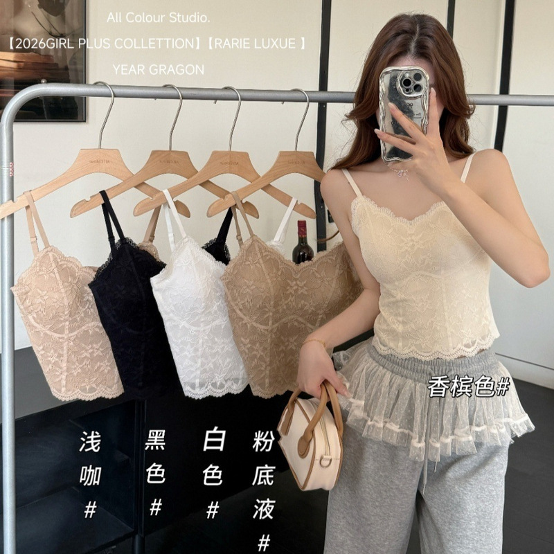 9051 # Early Spring French-Style Pure Desire Lace Beauty-Back Camisole with Chest Pads for Women, Suitable for Wearing as an Outerwear or as an Innerwear 9051 # Early Spring French-Style Pure Desire Lace Beauty-Back Camisole with Chest Pads for Women, Suitable for Wearing as an Outerwear or as an Innerwear