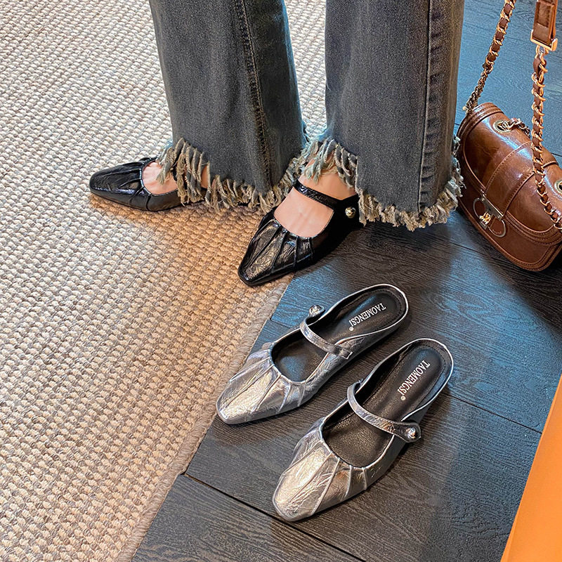 Giày mules Mary Jane nữ mũi vuông quai ngang bít mũi, gót thấp dưới 3 cm — Màu bạc, Màu đen
