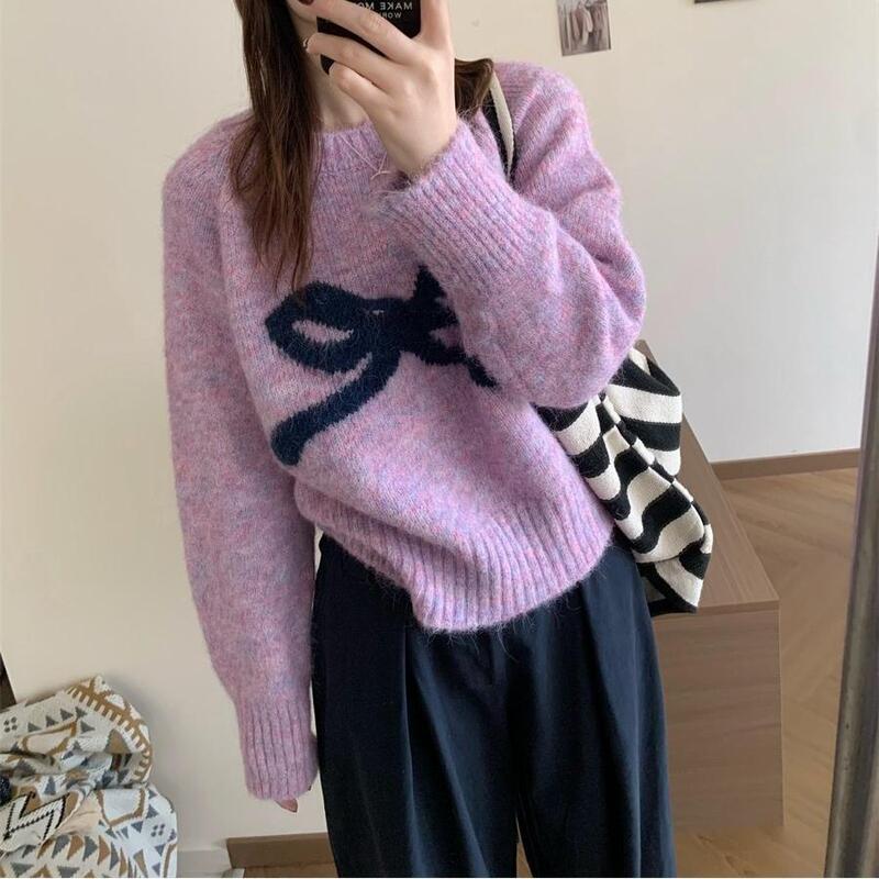 韩国东大门圆领温柔蝴蝶结套头毛衣女秋冬软糯慵懒百搭甜美针织衫|undefined