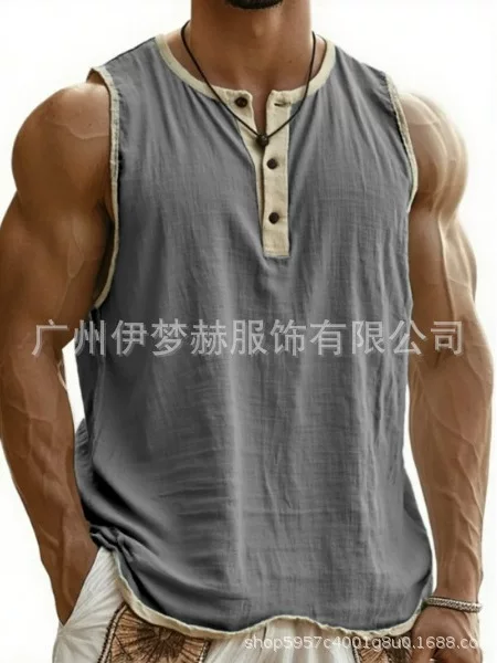 2025 Amazon European and American Cross-Border New Men's Clothing Color-Blocking Men's Pure Cotton Sleeveless Fitness Casual Trendy Vest
