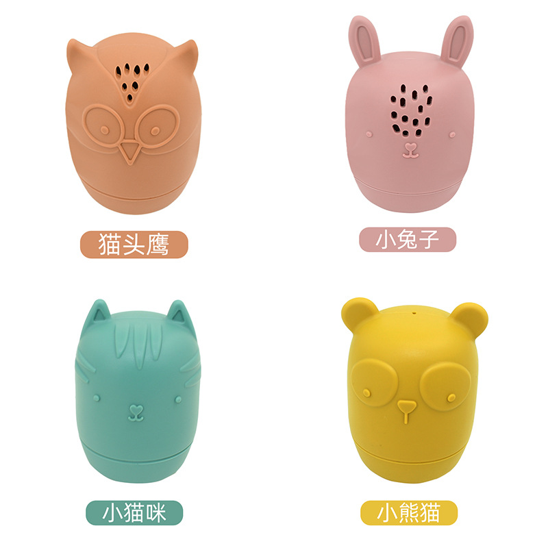 Bebé juguete de baño de silicona búho gato gato gato gato animal flotante juego de agua mordida juego de cuatro piezas