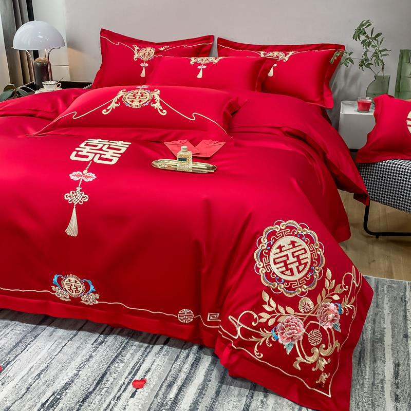 High-end luxury Chinese embroidery wedding set four-piece set, large red bed sheet and duvet cover, wedding bed linens