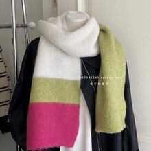 超厚实含羊毛拉毛围巾看雪慵懒拼色亮色围脖蓬松大披肩保暖寒冬季