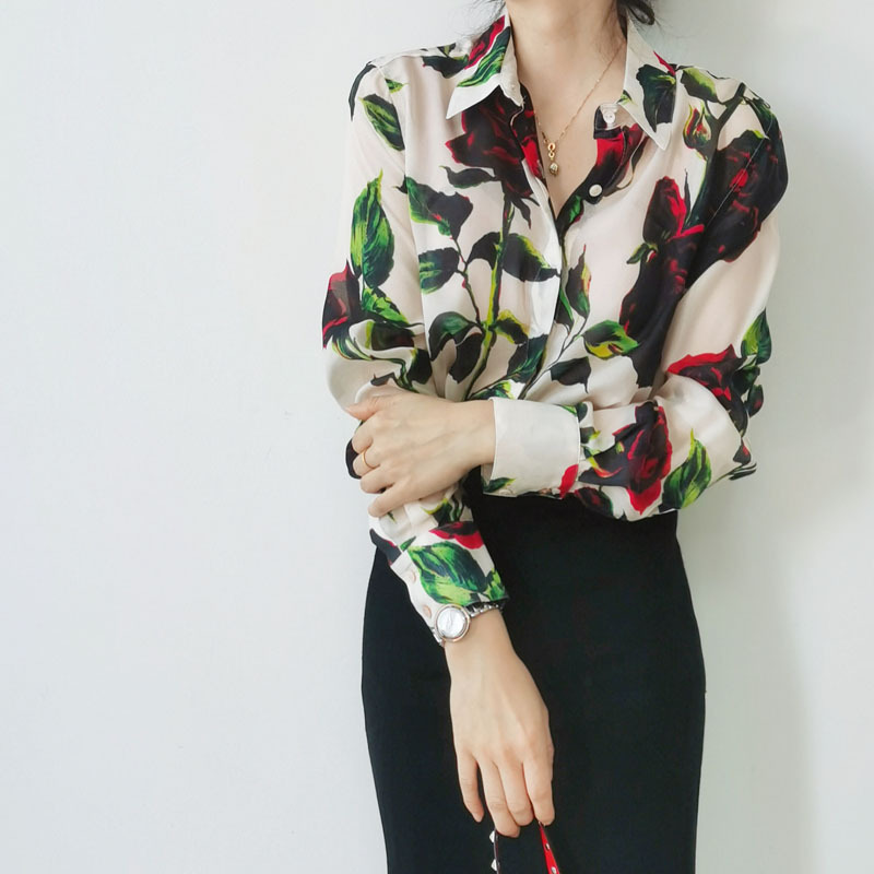 New Vintage Loose Rose Printed Silk Chiffon Shirt Women's Long-sleeved Elegant Slim-fit Mulberry Silk Shirt