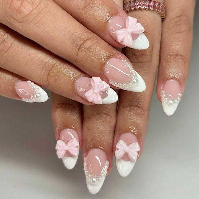 Pink French-Style Press-On Nails, Nude Almond Bow Nail Art, Nail Stickers for Fingers, Wholesale Finished Products
