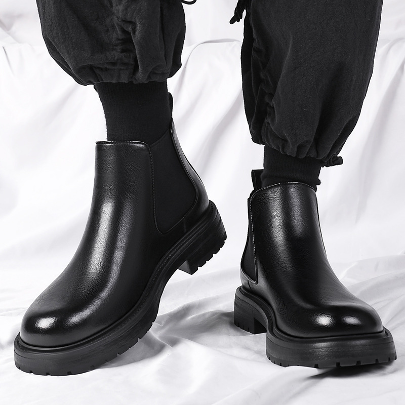 Chelsea Boots Men's Winter fleece-lined Warm Cotton Ankle Boots Genuine Leather Himney Set Foot Heightening High-Top Leather Shoes Men's Boots