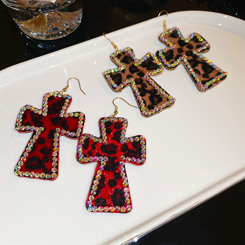 Designer style sweet and cool leopard print cross earrings with colorful diamonds, women's trendy design earrings_voghion.com