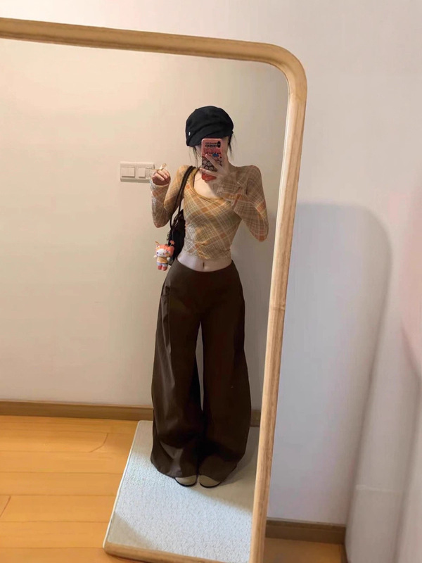复古格纹u领中袖正肩T恤女秋季小个子修身收腰打底衫辣妹短款上衣|undefined