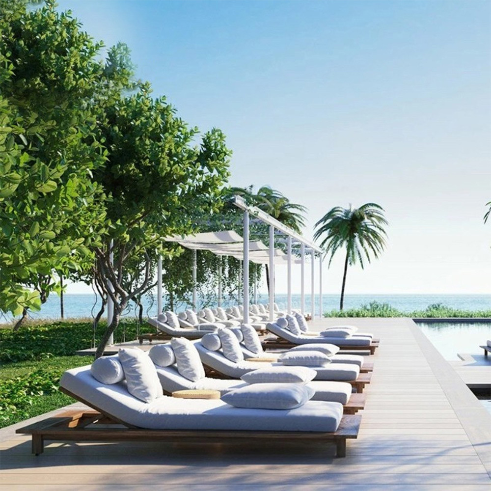 Outdoor reclining bed, leisure courtyard, outdoor balcony, villa, swimming pool, resort island, lounge chair, solid wood beach chair furniture