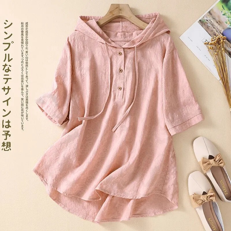 Literary Classical Chinese Style Casual Short-Sleeved Jacquard Embroidered Cotton and Linen Shirt Women's Summer Loose Hooded Top Trendy Literary Classical Chinese Style Casual Short-Sleeved Jacquard Embroidered Cotton and Linen Shirt Women's Summer Loose Hooded Top Trendy