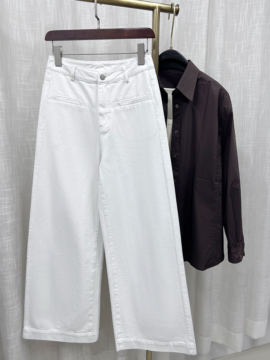 Quần ống loe nữ cạp cao dáng suông rộng chất liệu linen phối sợi tencel — xanh lam