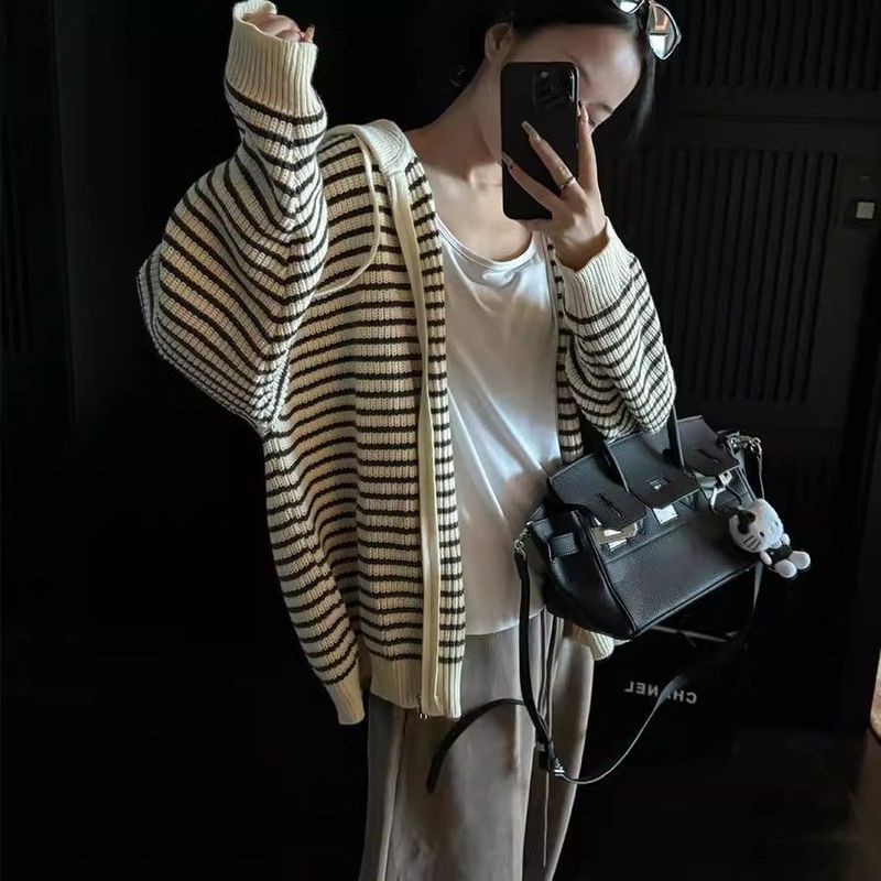 秋冬宽松百搭软糯韩系抽绳条纹连帽慵懒风拉链毛衣外套女针织上衣|undefined