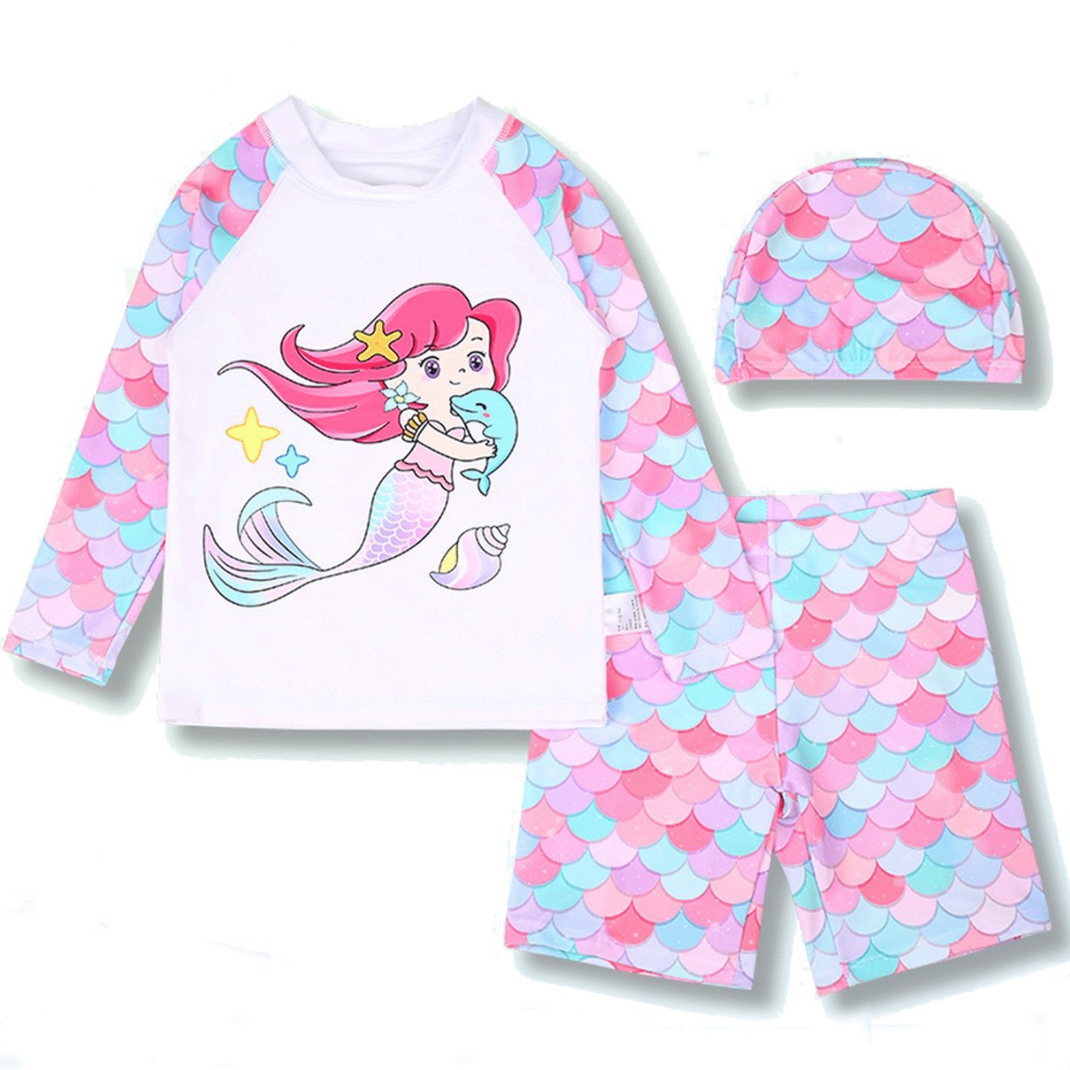 Mädchen Mermaid Schwimmset Langarm Sonnenschutz Fischschuppen_voghion.com