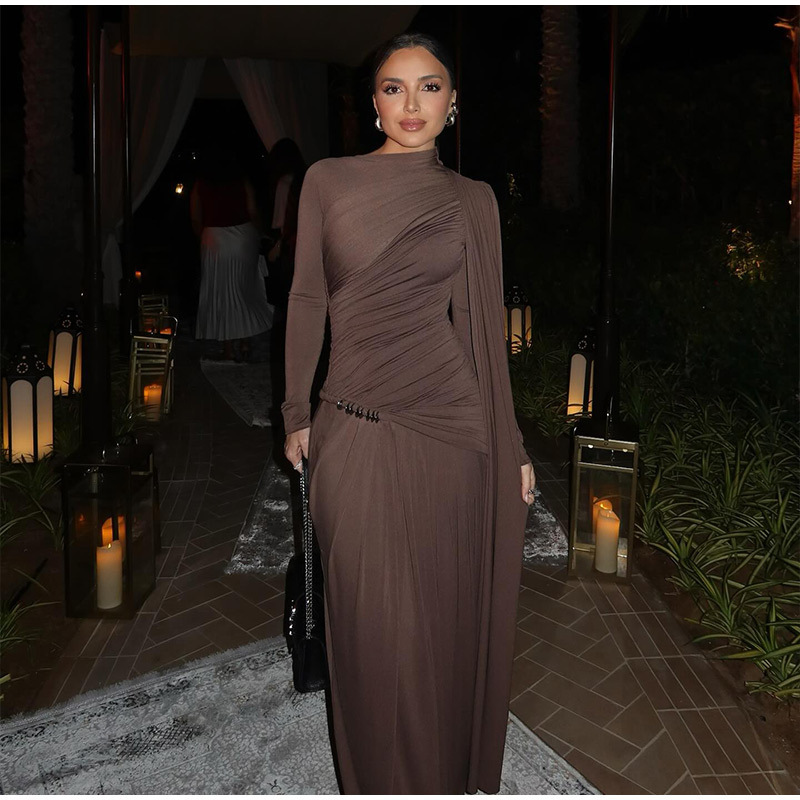 Slim Fit Ruched Long Sleeve Bodycon Midi Dress For Women - Elegant Brown, Pure Y2k Aesthetic, Stretchy Polyester Fabric For Daily Wear_ecoleips.com