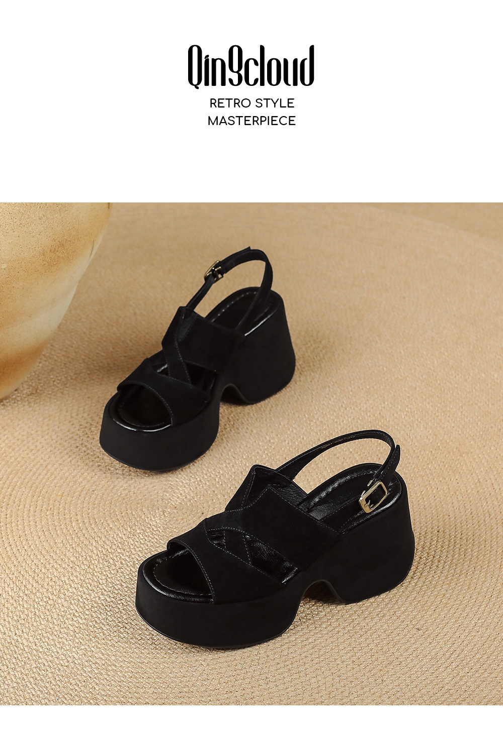 Sandal cao gót nữ đế platform da lộn quai ngang gót 9 cm — Da cừu đen lật, Da cừu đen chi tiết 13