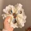13#Bright yellow lace embroidered bear with light blue bow, about 13cm