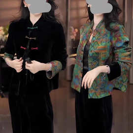 2025秋季新款金丝绒国风外套女黑色新中式洋气盘扣唐装上衣外搭