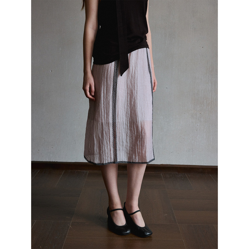 【识几】Tencel Transparent Texture Lace Skirt for Women, Summer Elegant Workwear Straight Mid-Length Skirt M61145