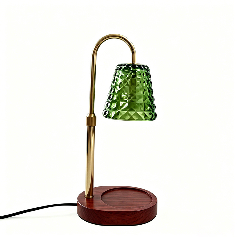 Retro vidrio verde diamante lámpara de cera fundida base de madera lámpara de vela fundida sin humo dormitorio aroma atmósfera lámpara de escritorio al por mayor