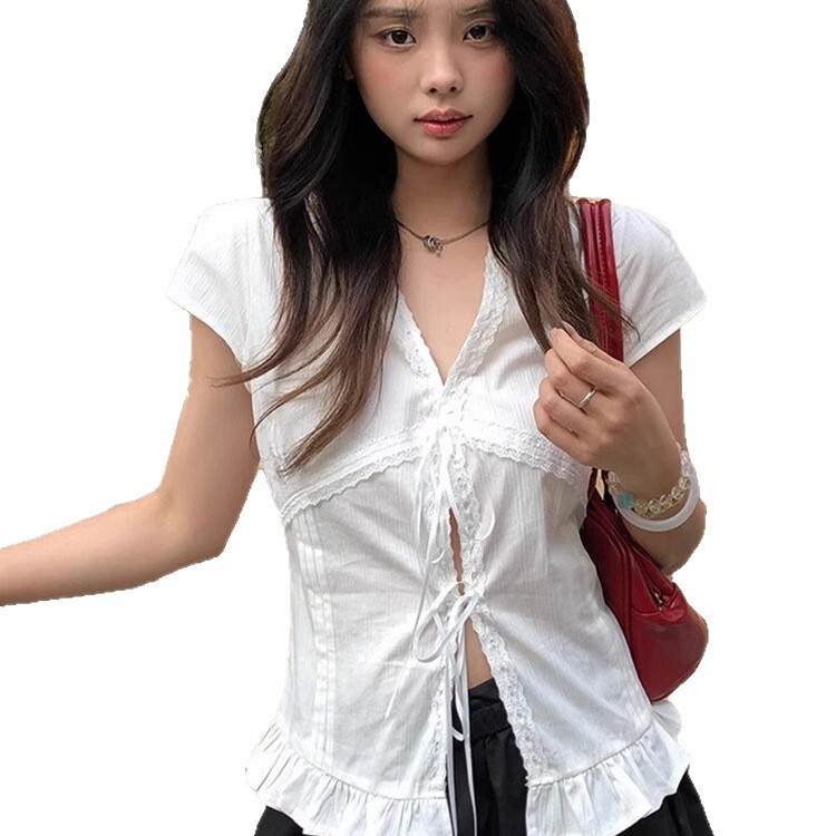 韓国レース白半袖シャツ女性の夏の純粋な欲望の質感スリムスリムレースアップ半袖トップ|undefined