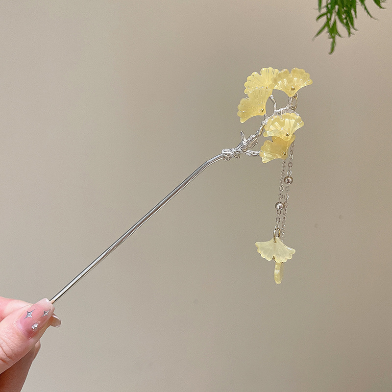 75 horquillas amarillas de rama de albaricoque con borlas - doradas (en bolsas)