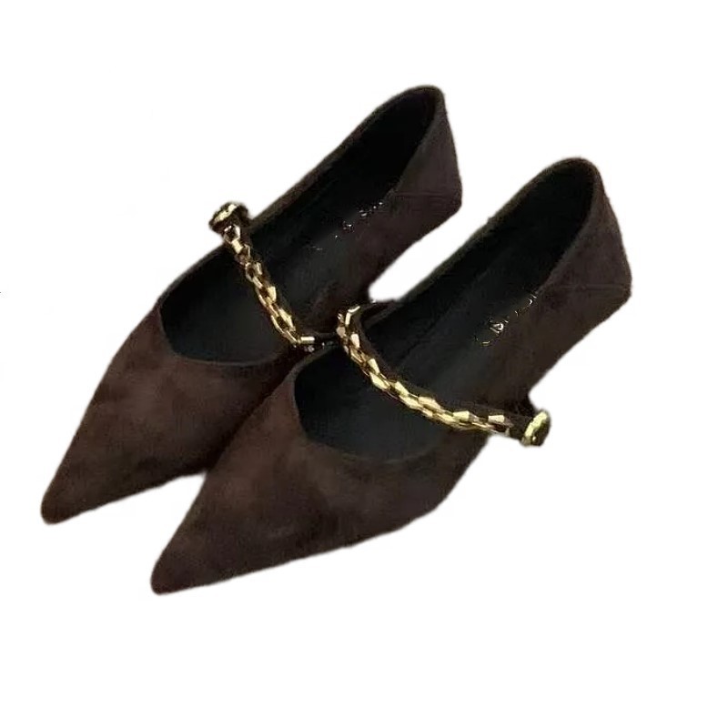Cadena de nicho retro con boca superficial, zapatos de terciopelo de Mary Jane, zapatos de tacones bajos de noche para mujeres