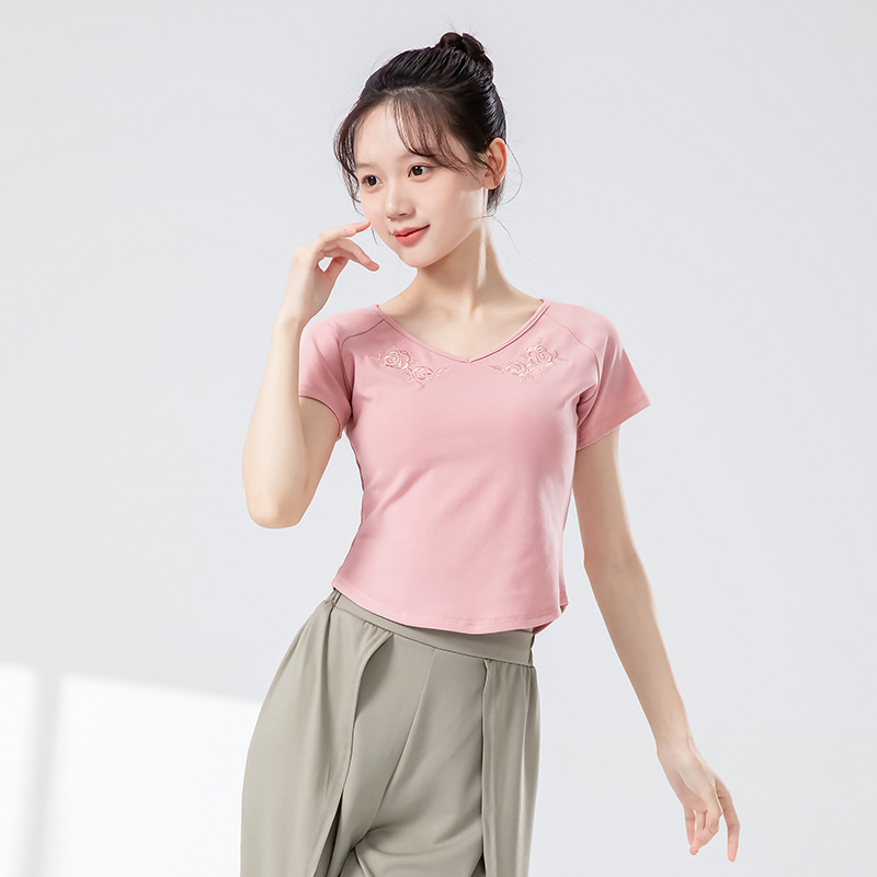 女性のためのモダンダンス服夏の新しいスリム半袖プリント毎日の練習ボディスーツ中国のダンス服トップ|undefined