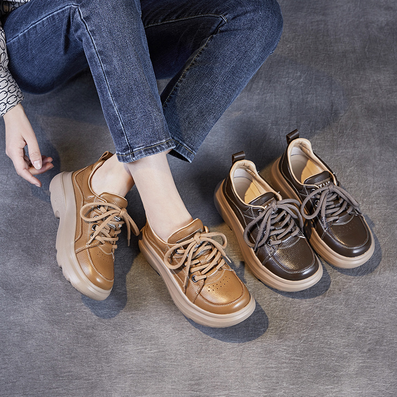Genuine Leather Platform Casual Shoes Women's Spring New Retro Comfortable Soft sneaker All-match Lace-up Flat Shoes