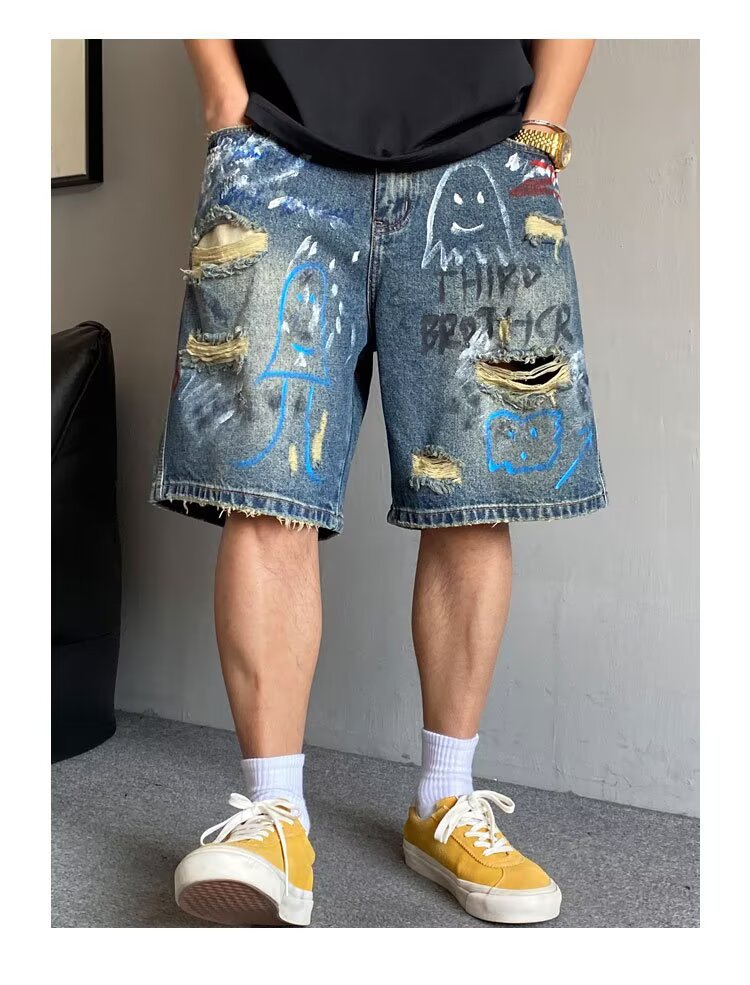 Hand Painted Graffiti Print Ripped Denim Shorts American Style High Waist Loose Fit Five Point Summer Fashion Kpop Casual Jeans_viptrois.com