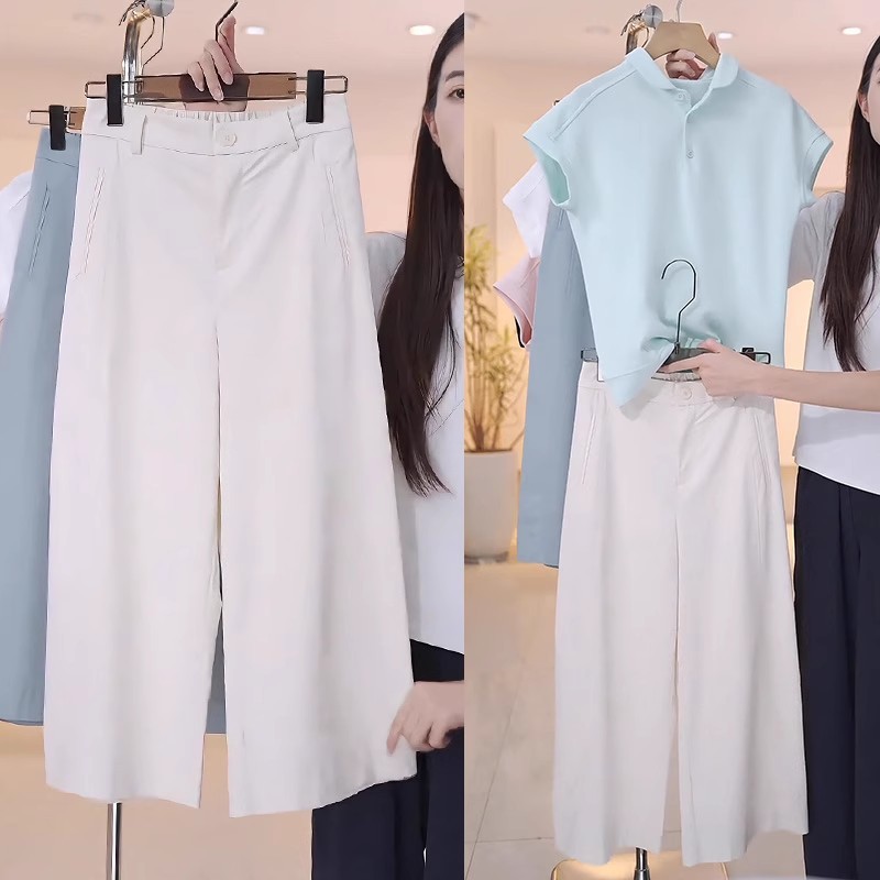 黄色の女性用8点ワイドレッグパンツ、夏用薄手2025新作シワ防止アイスシルクスーツパンツ、後ろが伸縮性のあるカジュアルパンツ|undefined