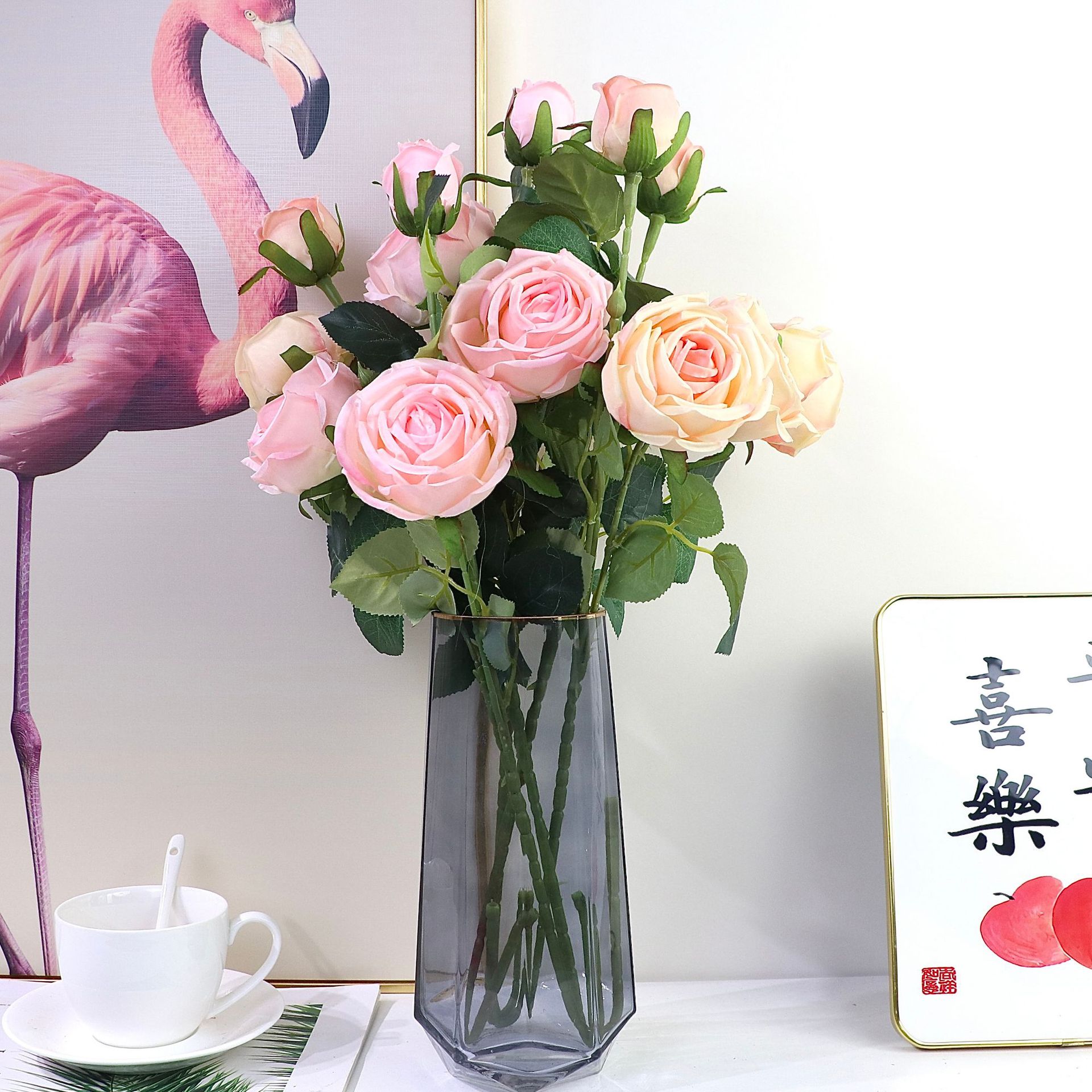 歐式3頭皇妃玫瑰仿真花 貴妃玫瑰家居軟裝婚慶婚禮假花手捧花批發