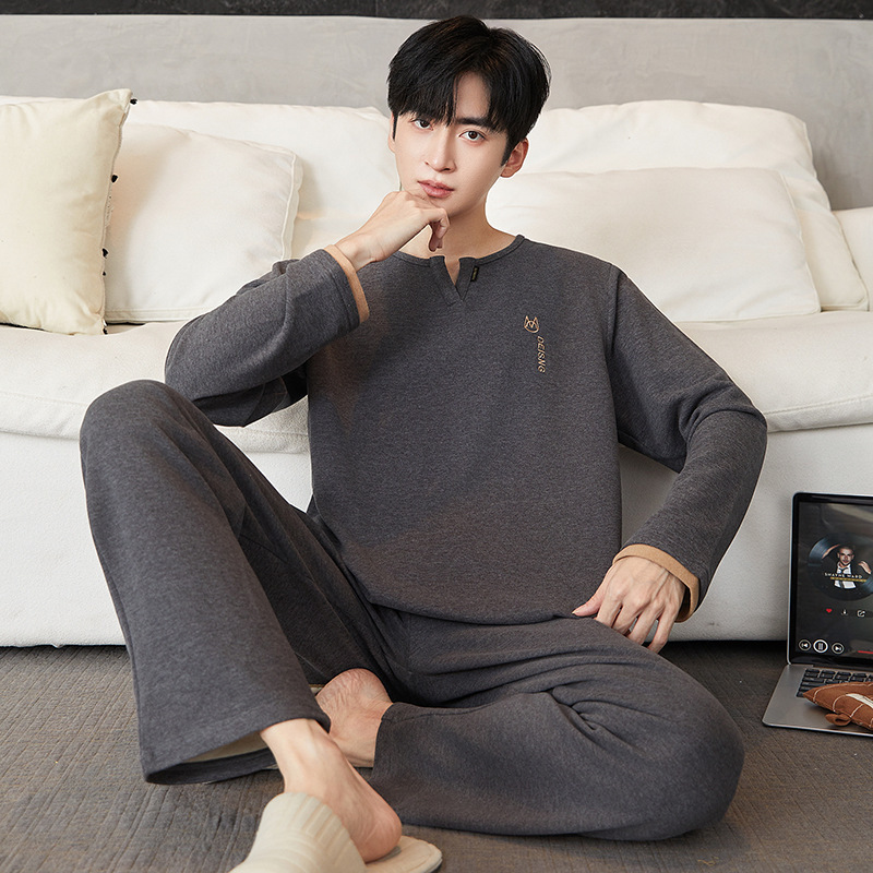 Men's Pajamas Spring & Fall Cashmere Long-Sleeved Pants Thin Pullover Simple Loose Loose Can Be Worn Outside Home Clothes Set
