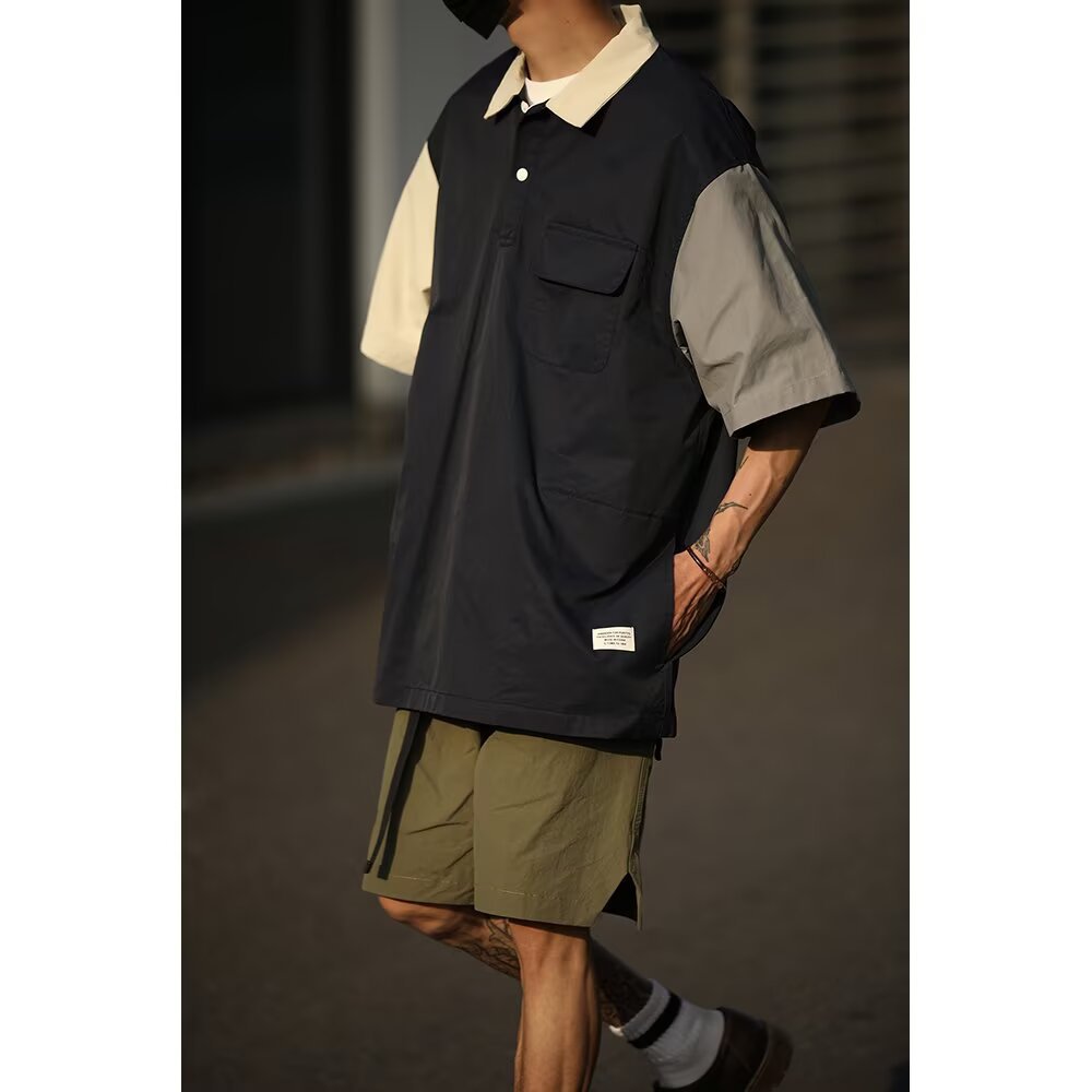 Verano japonés herramientas retro bolsillo polo collar suelto pareja de moda camisa de manga corta