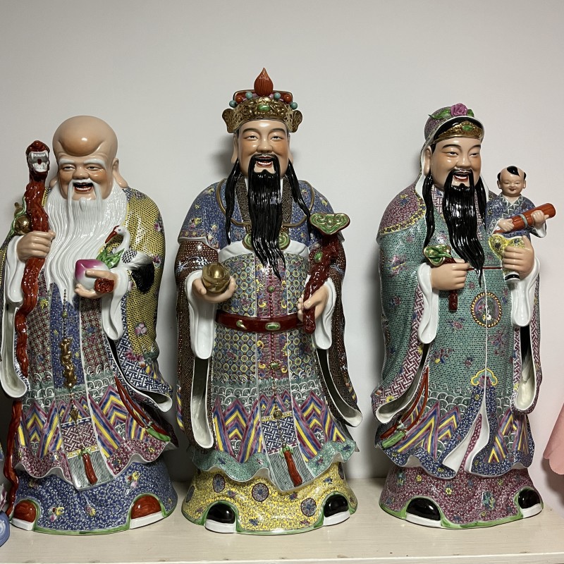 大号手工粉彩雕塑瓷88cm福禄寿瓷像三星送福陶瓷人物摆件佛像供奉