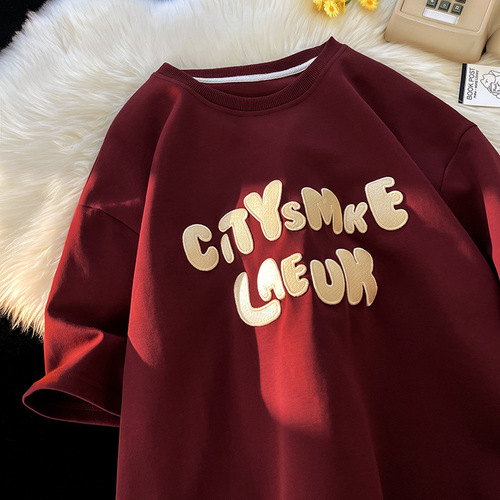 Red Wine T-Shirt Short Sleeve Men's Summer Minority Design Letter Embroidered American Streetwear Brand Heavyweight 100% Cotton T-Shirt