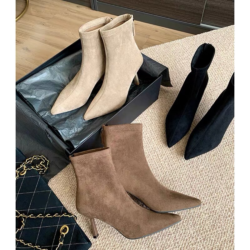 Black Suede 7cm Stiletto Pointed Toe Elastic Slim Boots Autumn and Winter New Single Boots Fleece-Lined Back Zipper Short Boots for Women Black Suede 7cm Stiletto Pointed Toe Elastic Slim Boots Autumn and Winter New Single Boots Fleece-Lined Back Zipper Short Boots for Women